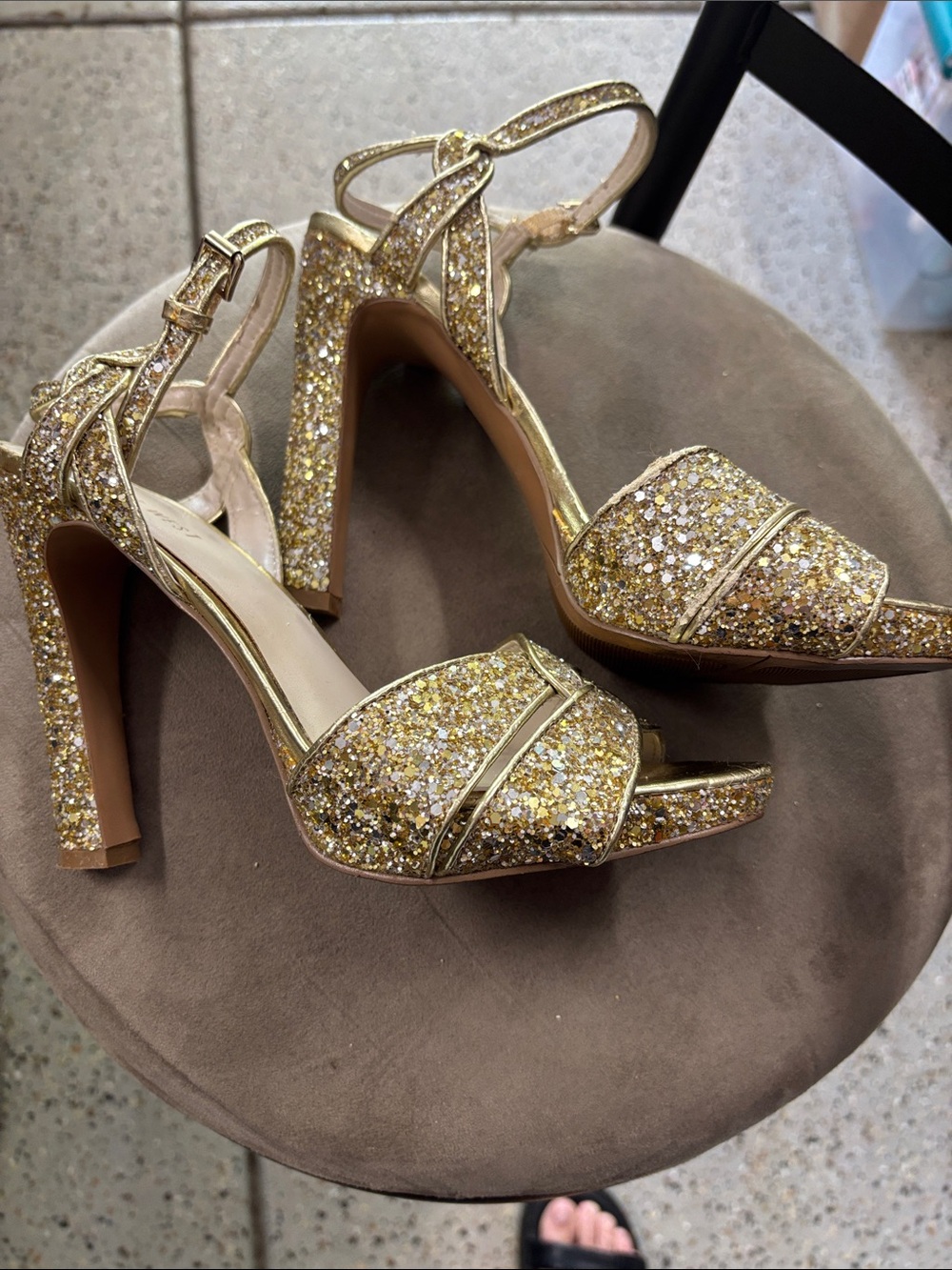 Nine West Gold Glitter Block Heel Sandals with Ankle Strap